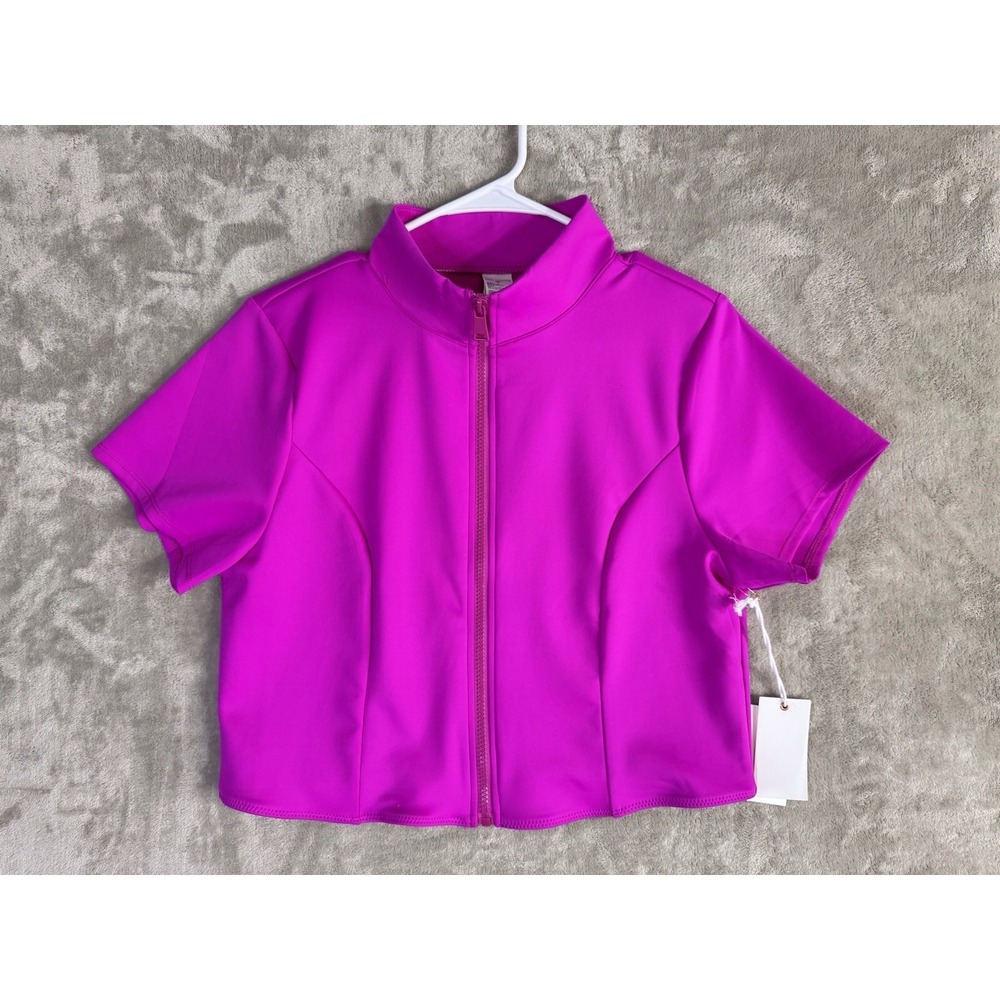 Good American Pink Zip Front Top Size 6 NWT Short Sleeve‎ Fitted Stretch Shirt